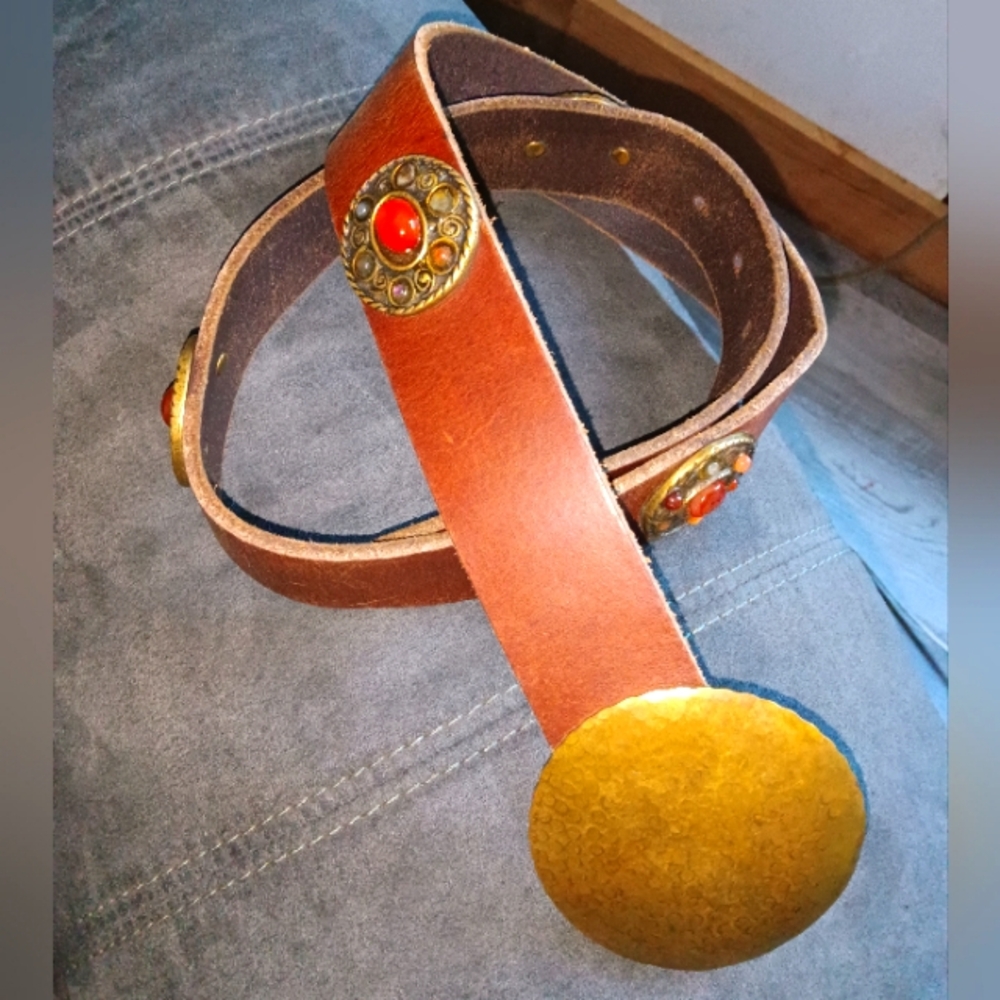 Vintage Genuine Leather and real stone Belt with large brass buckle